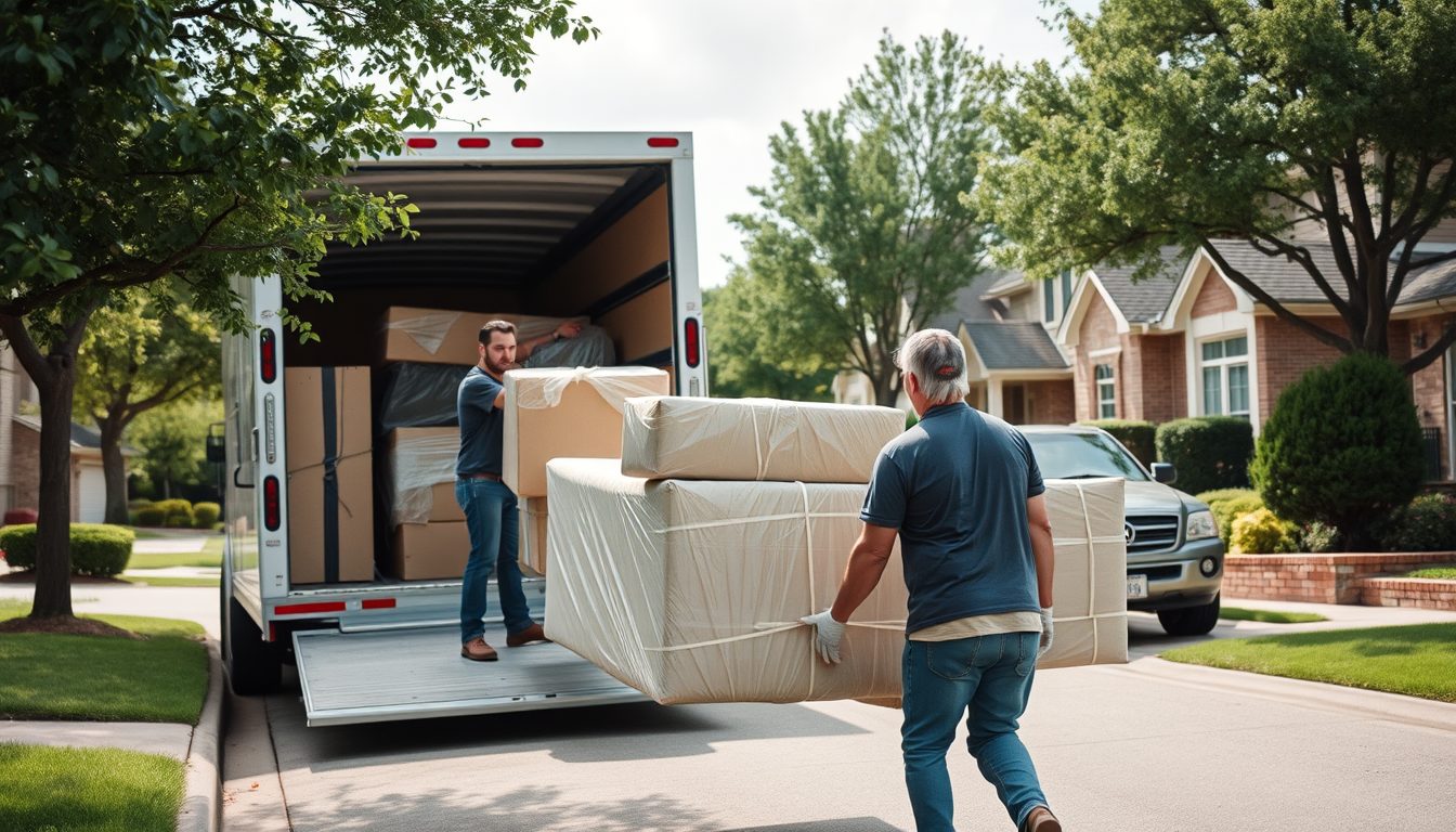 Heaven Moving - moving truck and wrapped furniture in The Colony